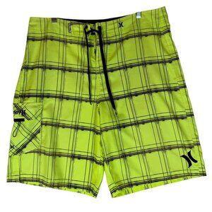 Hurley Phantom Boardshorts Mens XL Neon Yellow Black Plaid Drawstring Waist